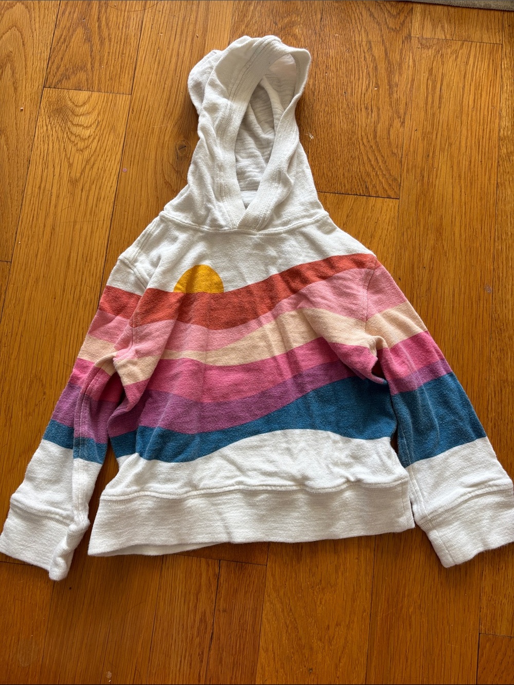 Faherty White Hoodie with Sunset Wave Stripes (Yellow, Coral, Pink, Cream, Teal)